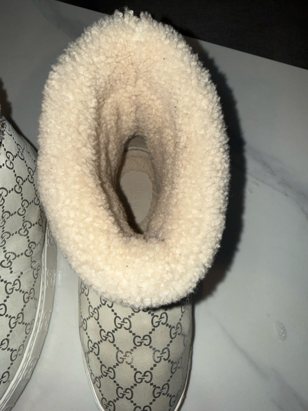 Gucci Cream GG Canvas Shearling Cuffed Ankle Boots - Picture 5 of 8